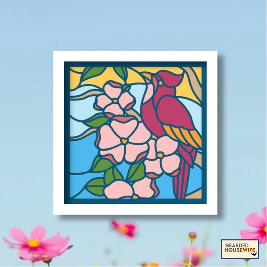 stained glass perched bird shadow box
