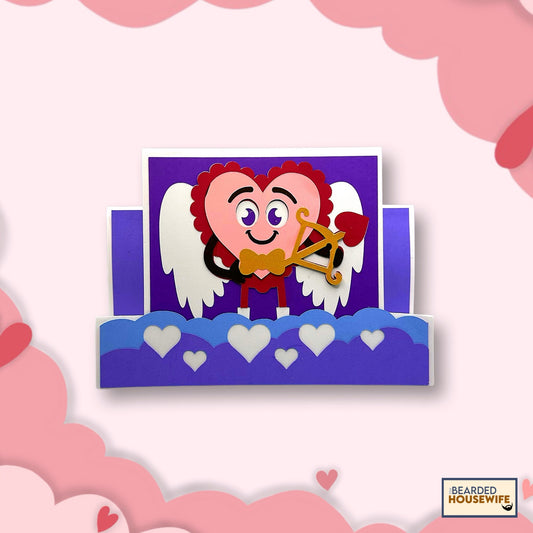 Valentine's Day card with cartoon heart character holding a bow and arrow on a pink background.