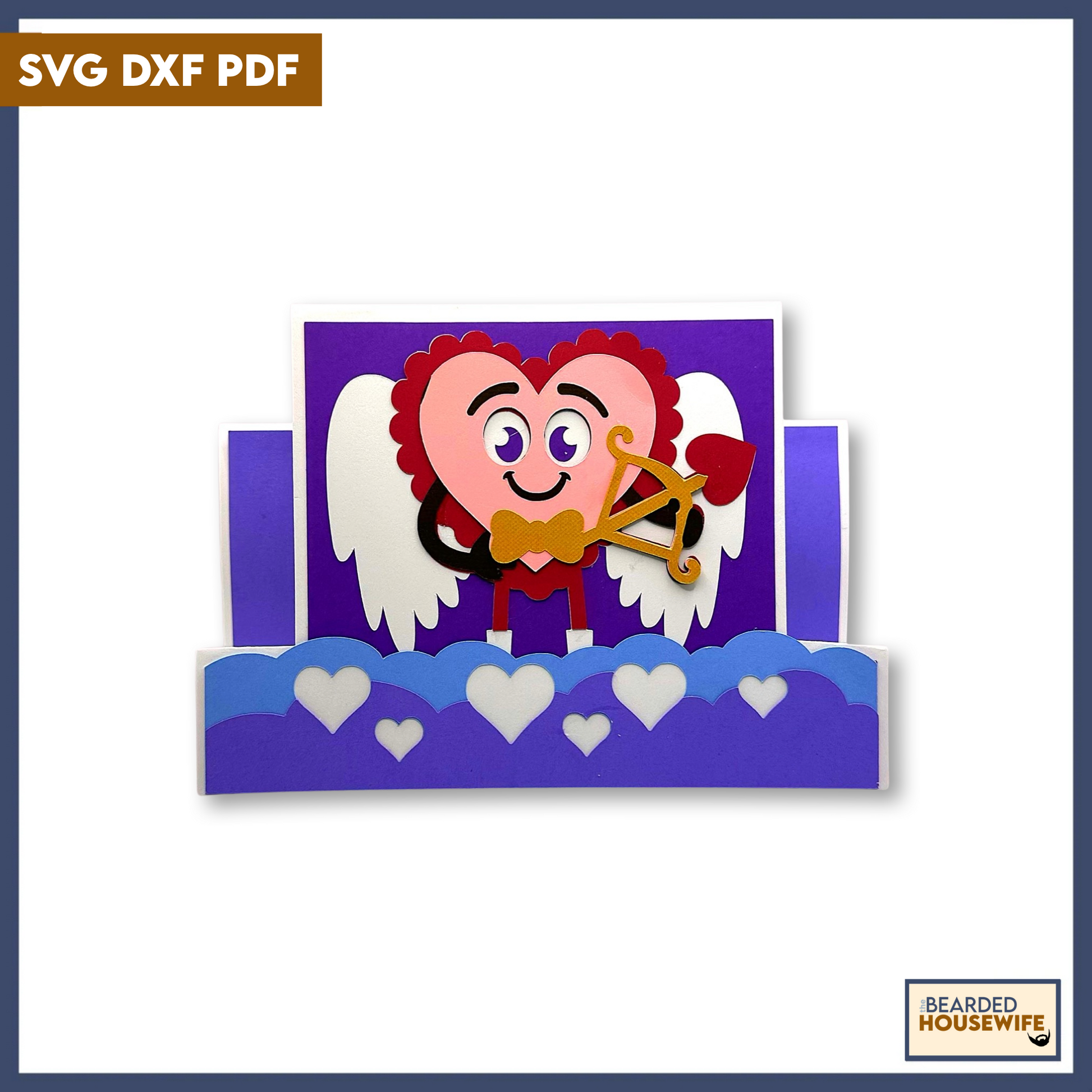 Valentine's Day card with cartoon heart character holding a bow and arrow on a pink background.